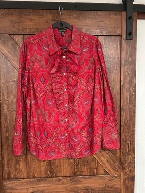 Lauren Ralph Lauren Red Paisley Ruffle Blouse